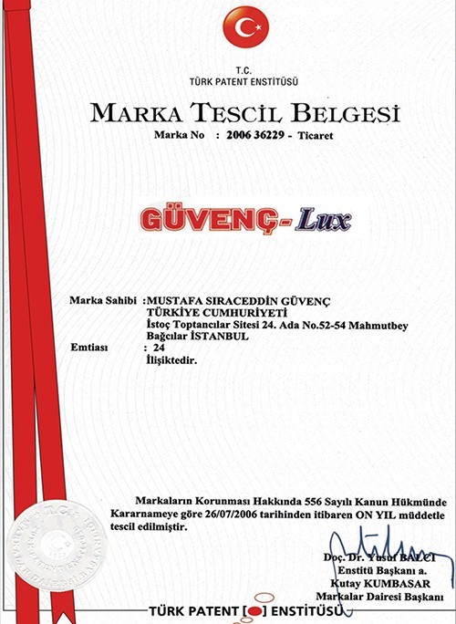 Marka Tescil Belgesi - Güvenç Lux